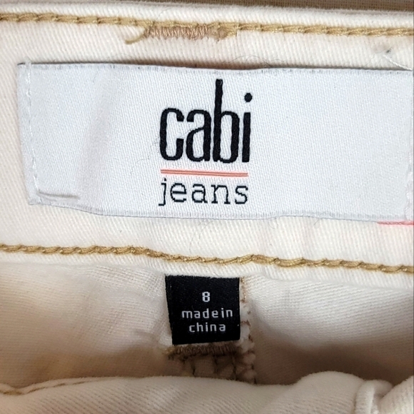 CAbi White Distressed Slim Boyfriend Stretch Jeans w Tan Stitching, sz 8 - Picture 8 of 13